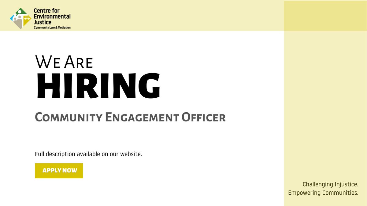 📣📣 Are you passionate about #CommunityDevelopment, #EnvironmentalLaw and #ClimateJustice? Our Centre for Environmental Justice is recruiting a Community Engagement Officer and a Legal Officer 📣📣

To find out more information and to apply visit:
lnkd.in/eW8d76nh