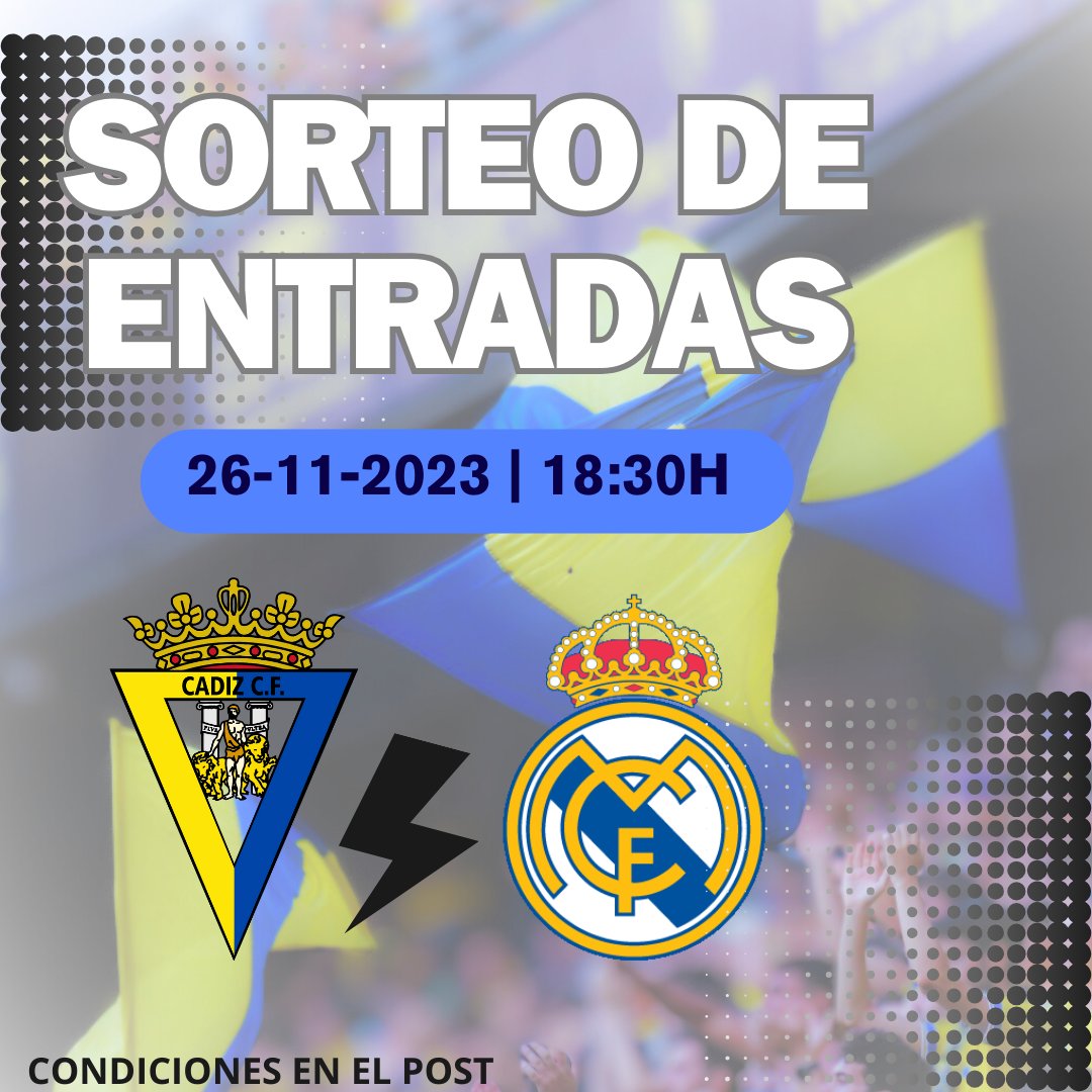 ‼ Gana entradas de tribuna para el #CadizCF #RealMadrid #LaLigaEASports 🔔 Para participar: 🔹 Sigue @OndaCadizTV 🔹 RT esta publicación 📣 Anunciaremos los ganadores (3 entradas uno, y 2 entradas otro) en el Submarino Amarillo del próximo viernes.