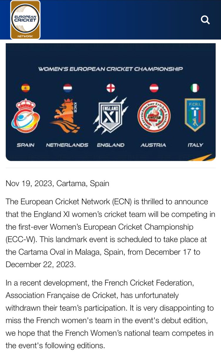 🚨 France Cricket pulls out of the inaugural Women's European Cricket Championship with less than a month to go.