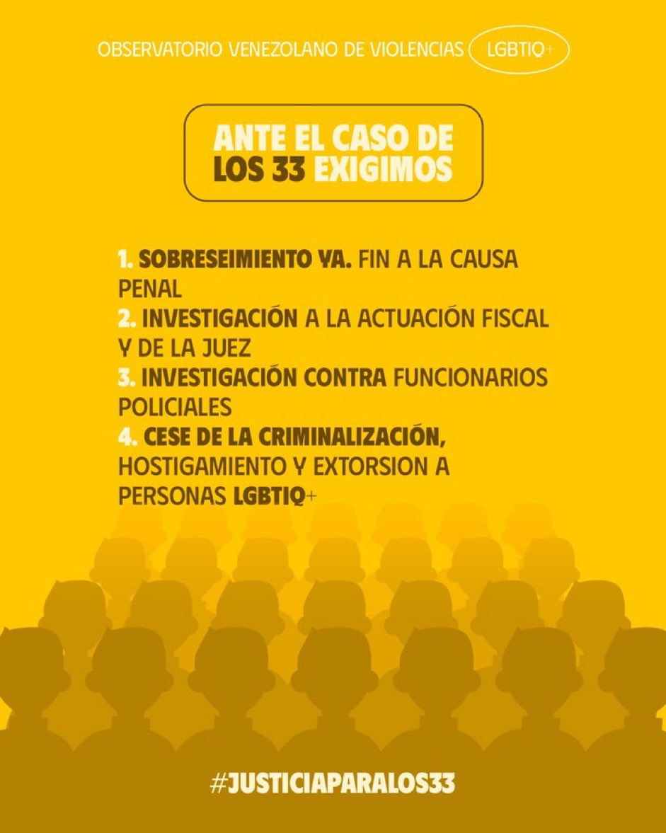 Recordamos que el caso de los 33 no ha cerrado hasta que exista justicia para cada uno. 

3 siguen en investigación y el <a href="/MinpublicoVEN/">Ministerio Público venezolano</a> niega la discriminación y homofobia que vivieron. 

#JusticiaParaLos33