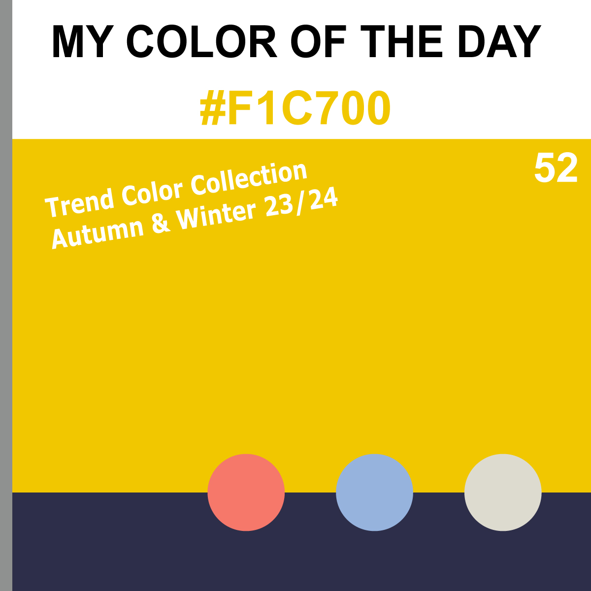 My Color Of The Day: # F1C700 Embrace the vibrant energy of bright yellow. Additional HEX: 2D2E49 F5786B 96B3DE DDDBD0. 

#coloroftheday #colorpalette #designforsmiles #graphicdesign #colorscheme  #colorinspiration #color #design #colorinspo  #yellow #sunshine #bright #vibrant
