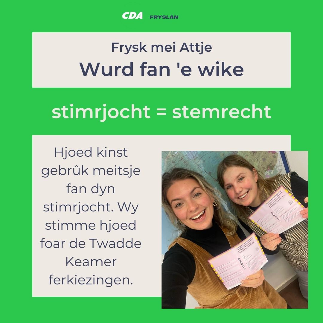 cdafryslan's tweet photo. FRYSK MEI ATTJE
Vandaag kan je gebruik maken van je stemrecht. We stemmen vandaag voor de Tweede Kamer verkiezingen. 🗳️ https://t.co/fyDCvsSpM4