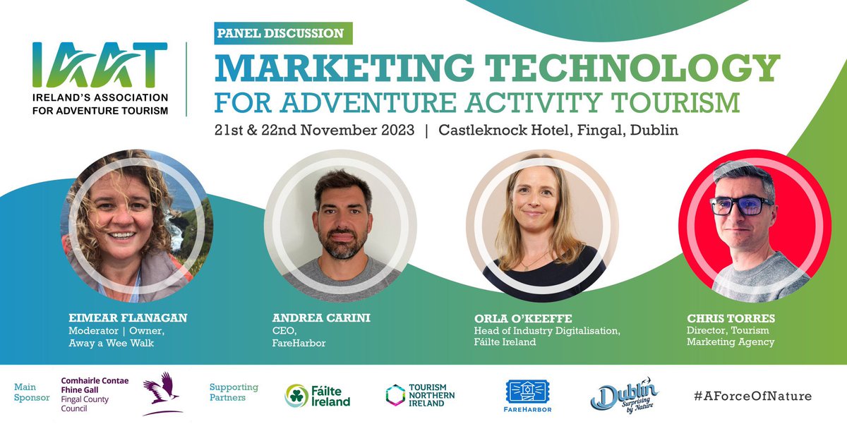 Next our Marketing Technology for the Activity Sector  
With Andrea Carini (CEO, <a href="/FareHarbor/">FareHarbor</a>), Chris Torres (Director, Tourism Marketing Agency &amp; @TourPreneur, Orla O’Keeffe (Head of Industry Digitisation, <a href="/Failte_Ireland/">Fáilte Ireland</a> 
#IAAT23