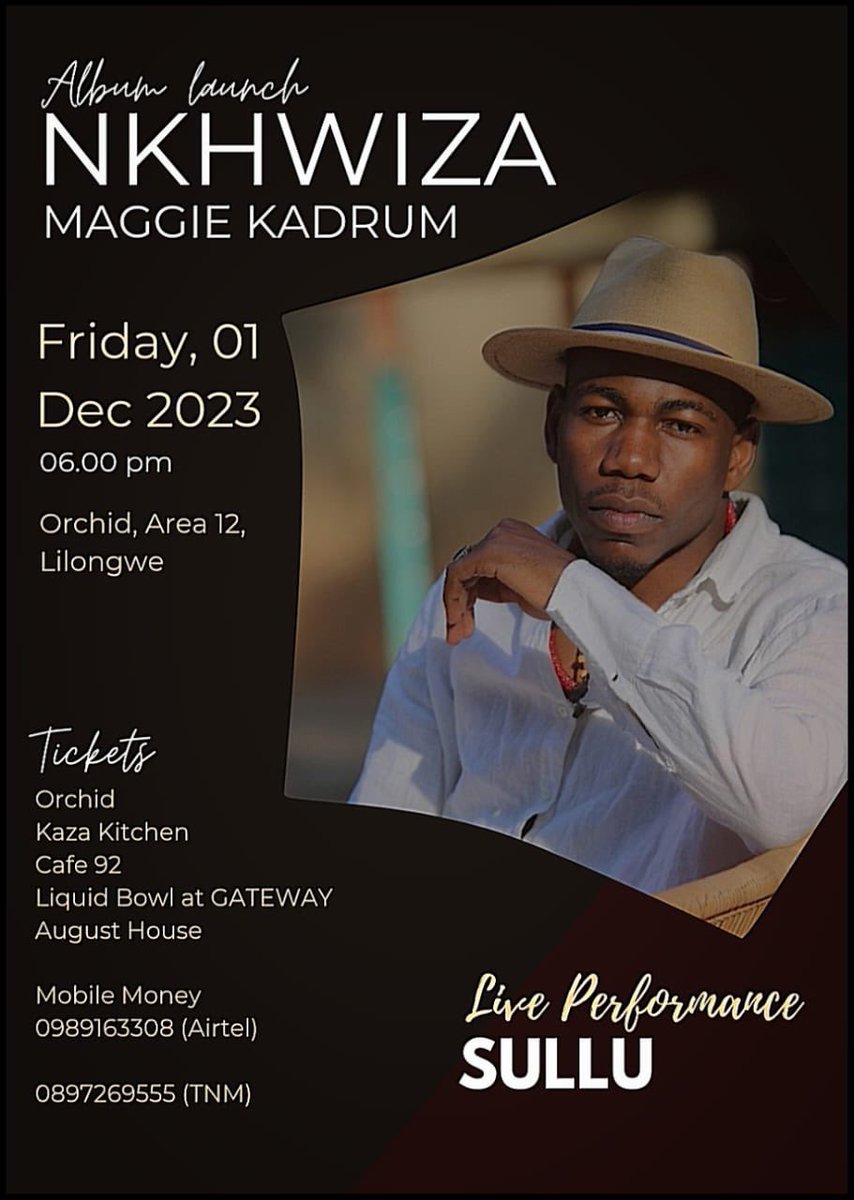 Come join us as we jam with <a href="/MaggieKadrum/">Maggie Kadrum</a>  on December 1st, on her album launch.

#maggiekadrum #nkhwiza