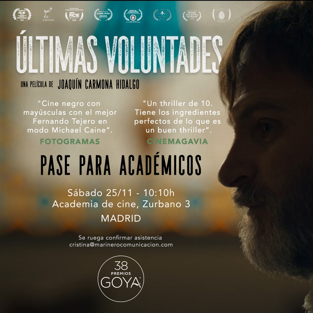 Estimados académicos, estáis invitados a acompañarnos el próximo sábado 25 de noviembre a las 10:00h en la Academia de cine para considerar nuestras candidaturas a los Premios Goya, con posterior piscolabis y cervezas‼️

#premiosgoya2024 #sigamossoñando #ultimasvoluntadespelicula
