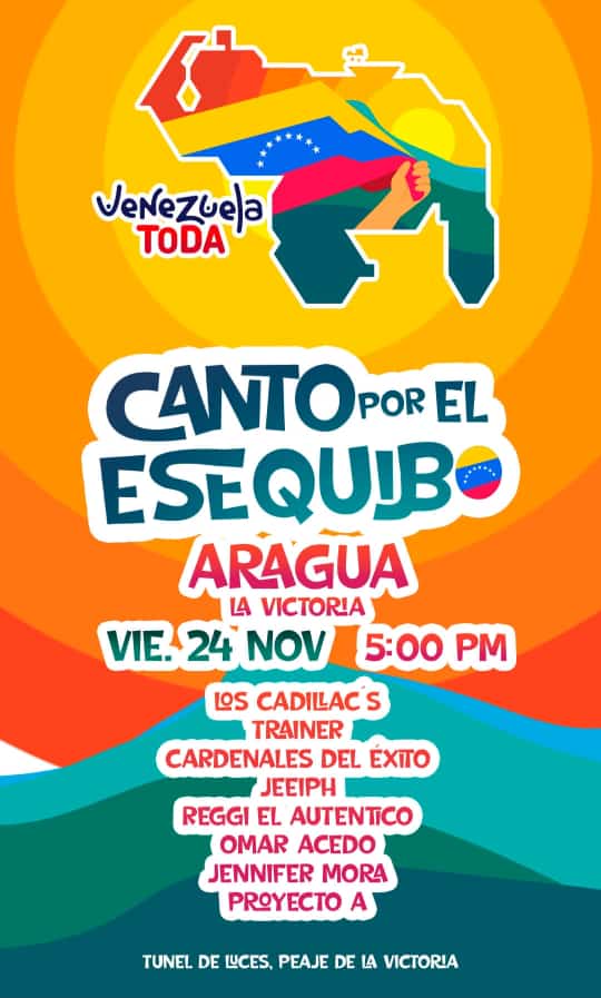 Canto Por El Esequibo Aragua viernes 24 de Noviembre en La Victoria Municipio Ribas. 
¡Imperdible! 
#MiTierraNoSeNegocia 
<a href="/NicolasMaduro/">Nicolás Maduro</a> 
<a href="/dcabellor/">Diosdado Cabello R</a> 
<a href="/PartidoPSUV/">PSUV</a> 
<a href="/Soykarinacarpio/">Karina Carpio</a>