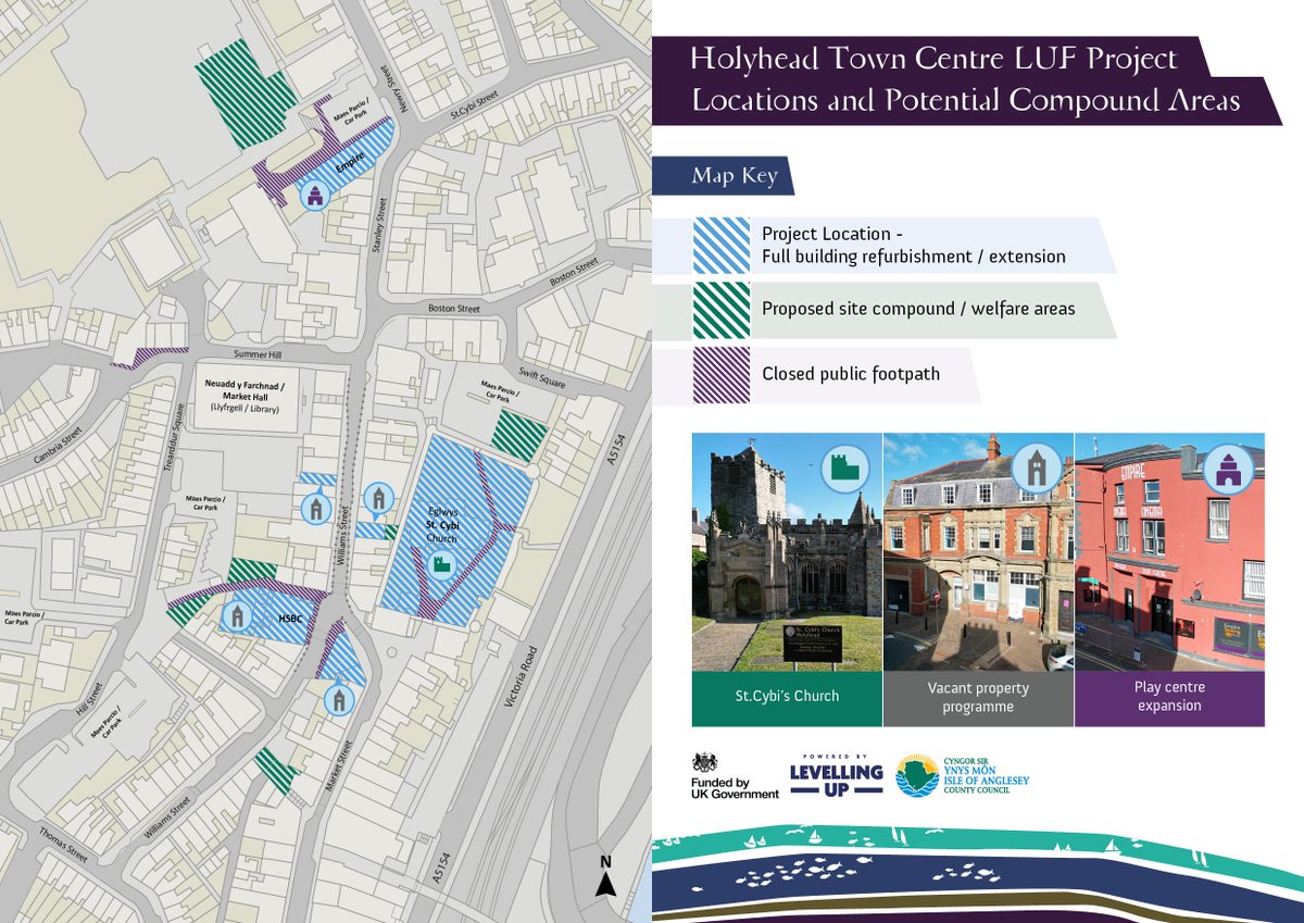 The Holyhead Levelling Up Fund is a £22.5m programme utilising UK Government funding to reverse the decline of the town centre.

The map below highlights key project locations and path closures. The programme is scheduled from January 2024 to March 2025.

tinyurl.com/2p9cp8sk