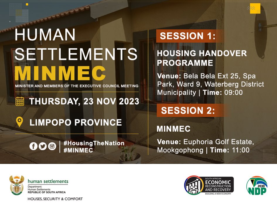 The_DHS's tweet photo. MEDIA ADVISORY
22 November 2023

MINISTER KUBAYI AND MECS OF HUMAN SETTLEMENTS TO HAND OVER HOUSES AHEAD OF MEETING TO ASSESS SECTOR PERFORMANCE

https://t.co/KNHO8ANcFQ

#HousingTheNation 🇿🇦 #MINMEC https://t.co/qyIqk7ODbo