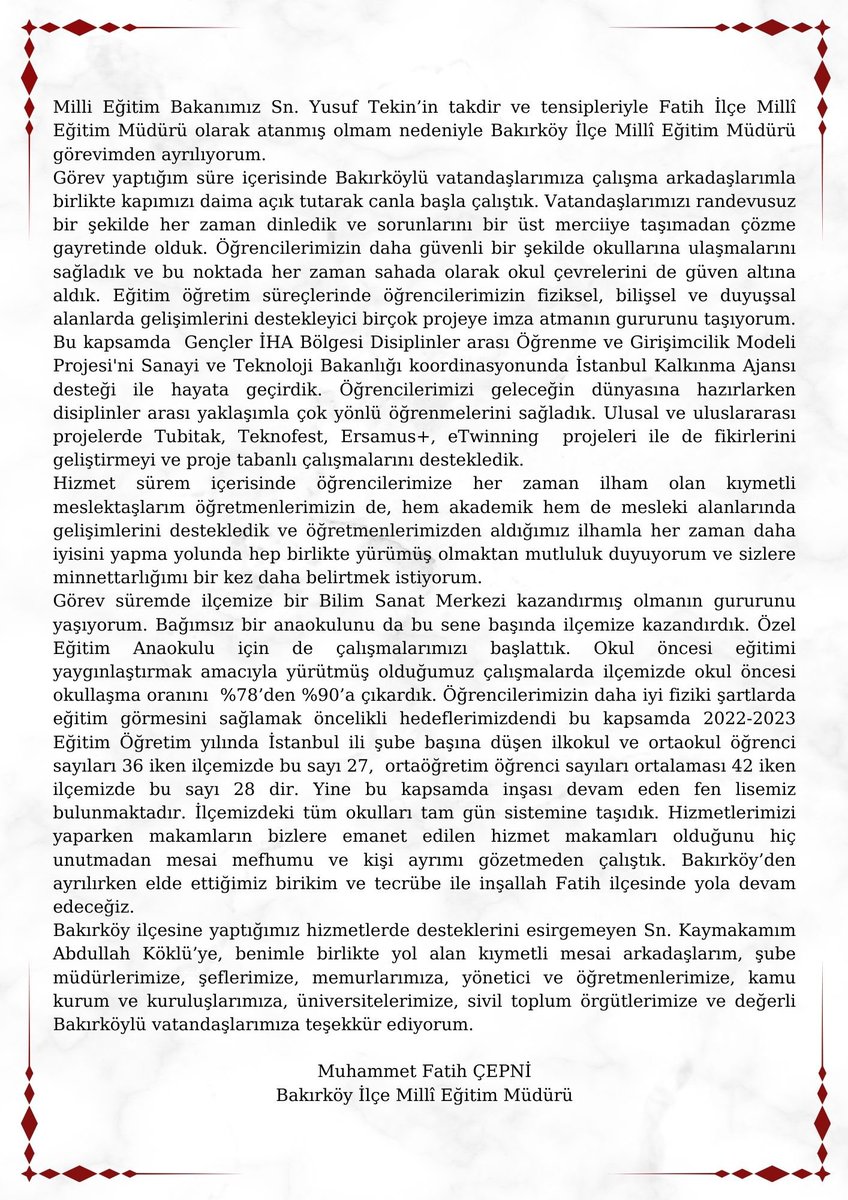 İlçe Millî Eğitim Müdürümüz Sn. Muhammet Fatih Çepni görevinden ayrılması sebebi ile bir mesaj yayımladı. 

<a href="/Yusuf__Tekin/">Yusuf Tekin</a> <a href="/MucahitYentur/">Murat Mücahit Yentür</a> <a href="/cepni6144/">M.Fatih Çepni</a>