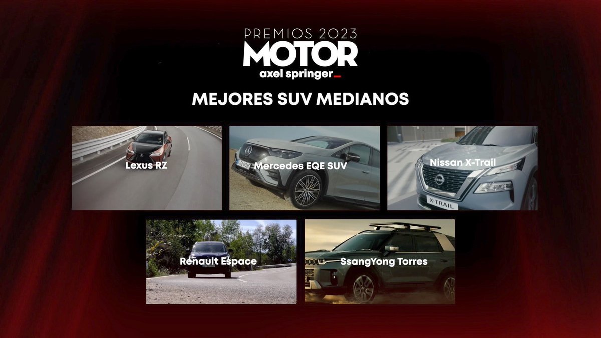 AutoBildspain's tweet photo. En la categoría de SUV Mediano, estos son los candidatos al mejor para la audiencia de los #PremiosMotorAxelSpringer 👇
@LexusSpain RZ, @MBenzEspana EQE SUV, @Nissan_ESP X-Trail, @renault_esp Espace y @SsangYongEsp Torres. https://t.co/GwD7WRyS3R