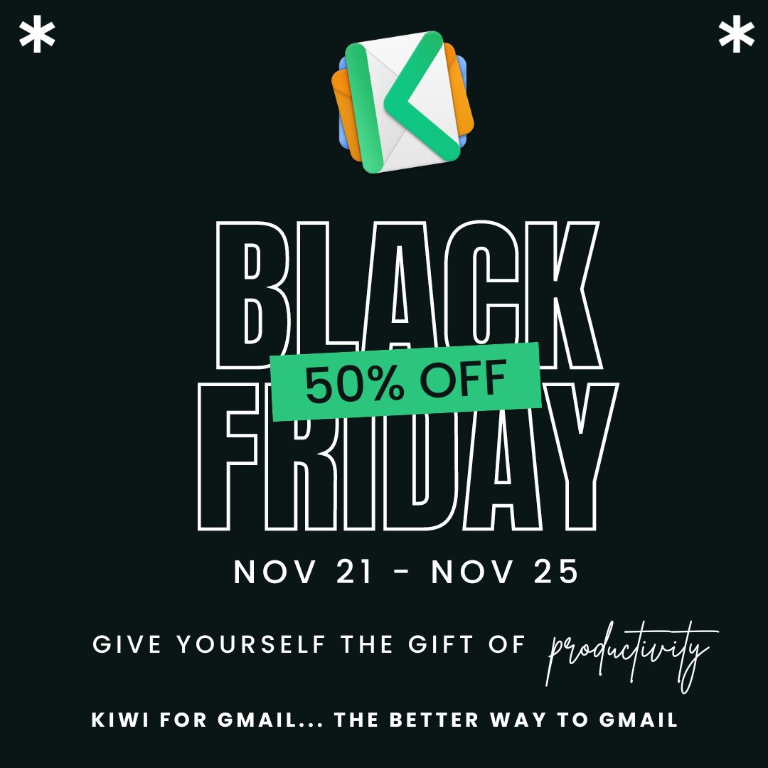 Just in time for Black Friday and Cyber Monday, Kiwi for Gmail is offering 50% off your first year! Simply enter code BFCM23 at checkout and enjoy the beauty of Desktop Gmail &amp; Workspace at half the price! Download today, 7-day free trial!

kiwiforgmail.com/pricing