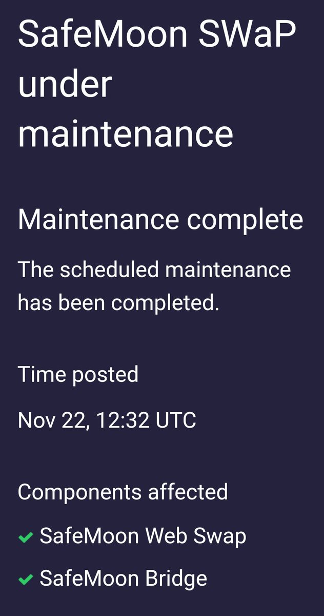 #SafeMoonSWaP 🔥💯

Maintenance complete
Nov 22, 12:32 UTC

#SAFEMOON💫
#SAFEMOONARMY💪