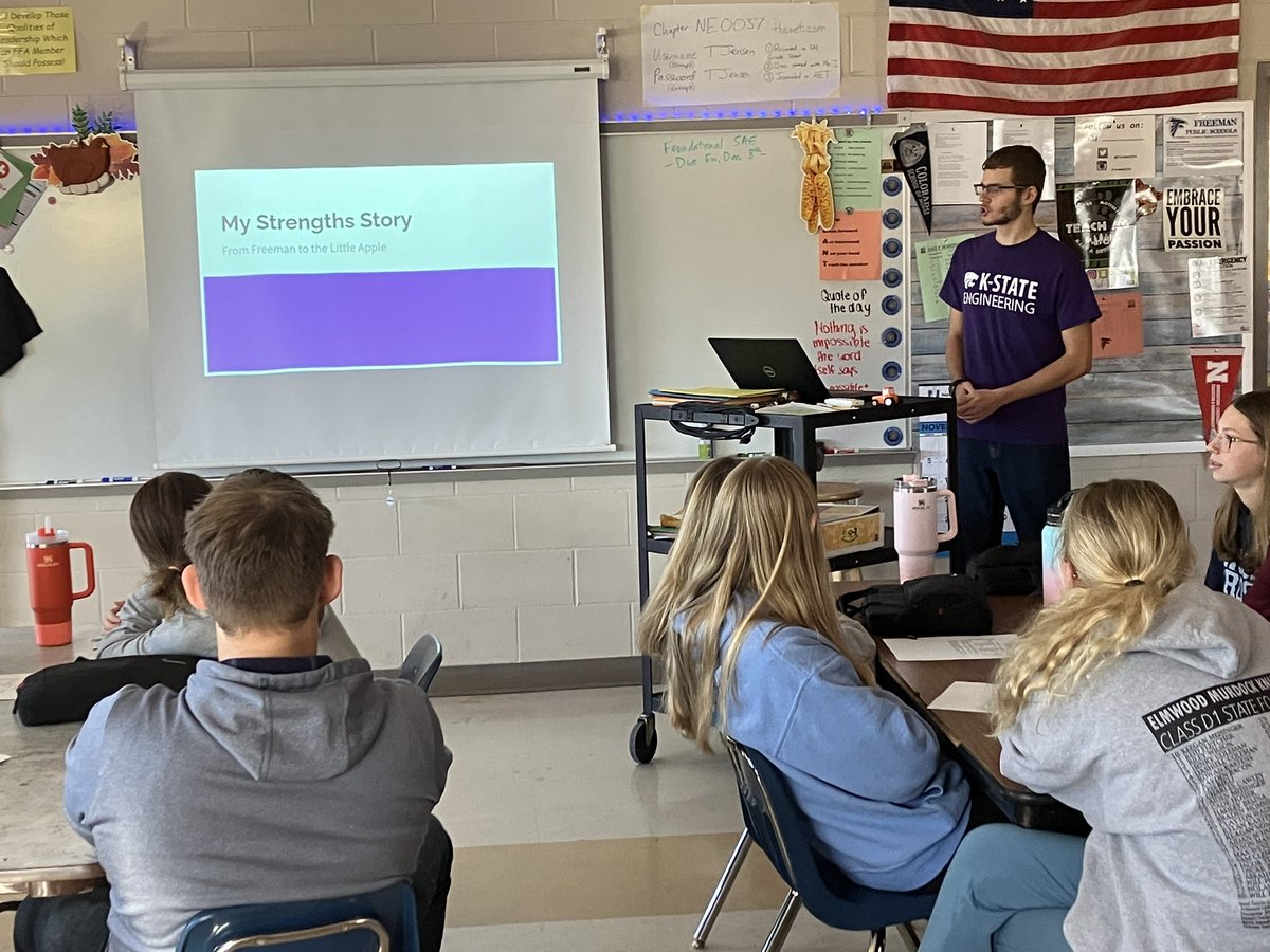 Thanks to Alex for sharing his strengths journey and giving advice for applying your strengths to our juniors &amp; seniors. Great to hear how your knowledge of strengths has grown from being <a href="/Freeman_Falcons/">𝐅𝐫𝐞𝐞𝐦𝐚𝐧 𝐅𝐚𝐥𝐜𝐨𝐧𝐬</a>  strengths ambassador to a <a href="/kstatestrengths/">K-State Strengths</a> peer coach! #freemanstrengths