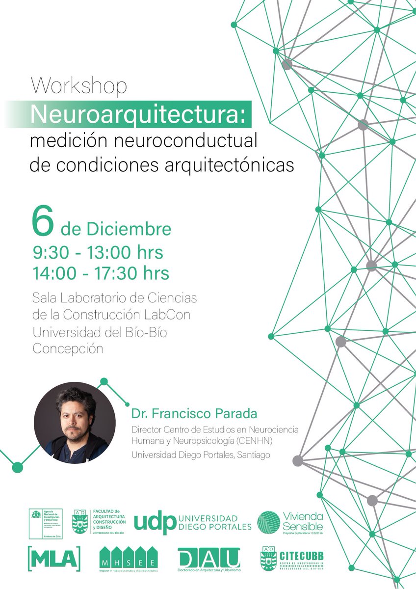 Workshop 'Neuroarquitectura: medición neuroconductual de condiciones arquitectónicas'
Miércoles 6 de diciembre 
Detalles en nuestra web: farcodi.ubiobio.cl/?p=14708