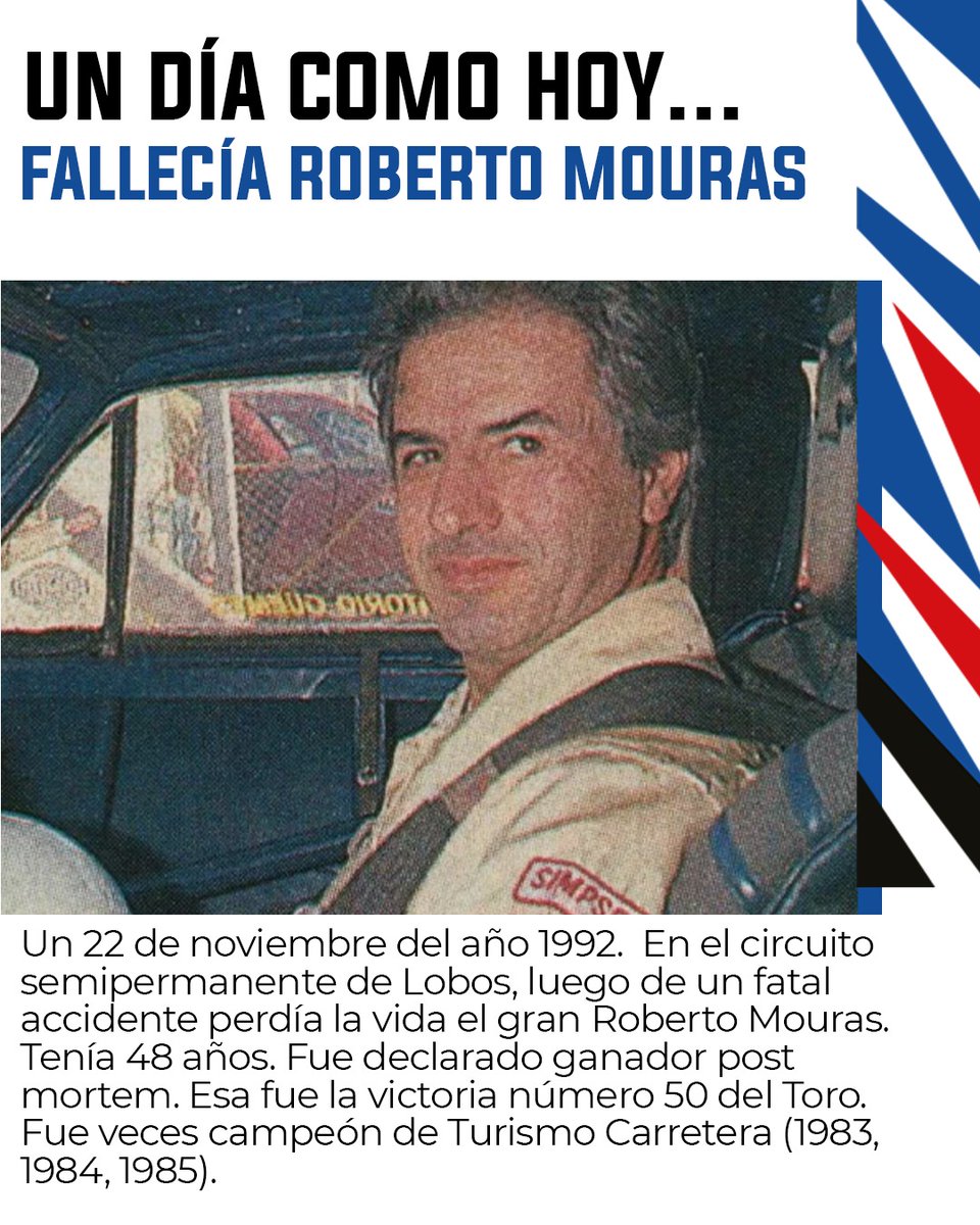 Un día como hoy pero del año 1992, Roberto Mouras fallecía tras un accidente en el circuito de Lobos. 

¡Por siempre Toro! ❤️🏁

#TurismoCarretera #Mouras