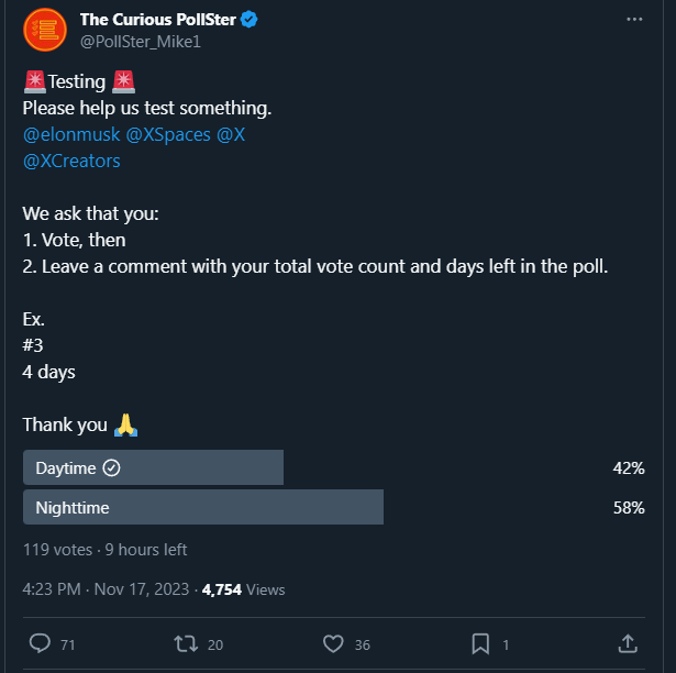 ReadersTimeline's tweet photo. @PollSter_Mike1 @elonmusk @XSpaces @X @XCreators Here's what I see voting just now https://t.co/5DOEpQg6sS