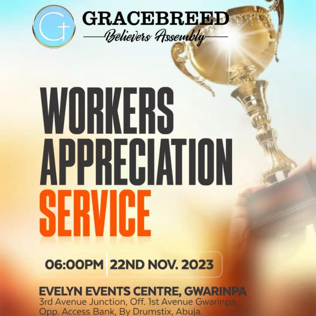 gracebreedng's tweet photo. Get set for Our WORKERS APPRECIATION DINNER happening today. 
This dinner is specially hosted to appreciate all our church workers for the great job they've done this year in the house of God. 

Time: 6pm
Venue: Evelyn Events Center, Gwarinpa, Abuja. https://t.co/DLJpsdMDHn