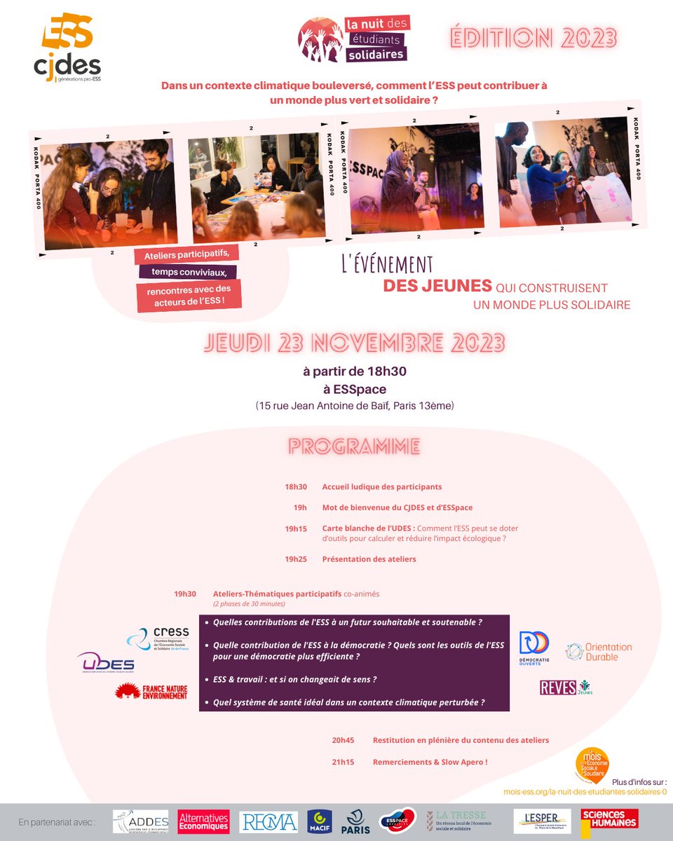 cjdesnat's tweet photo. La NUIT DES ETUDIANTS SOLIDAIRES, c'est demain ! 🥳

🗓️ Jeudi 23 novembre
🕡 à 18h30
 à @Ess_pace (📍 Paris 13)

Avec : @UDESnationale, @CRESS_IDF, @FNEasso @FneIDF, @ODurable, @RevesJeunes &amp; @DemOuverte 💡 

➡️ Inscription (gratuite) sur : https://t.co/pND6Epfjx2 https://t.co/SfY06RfWsc
