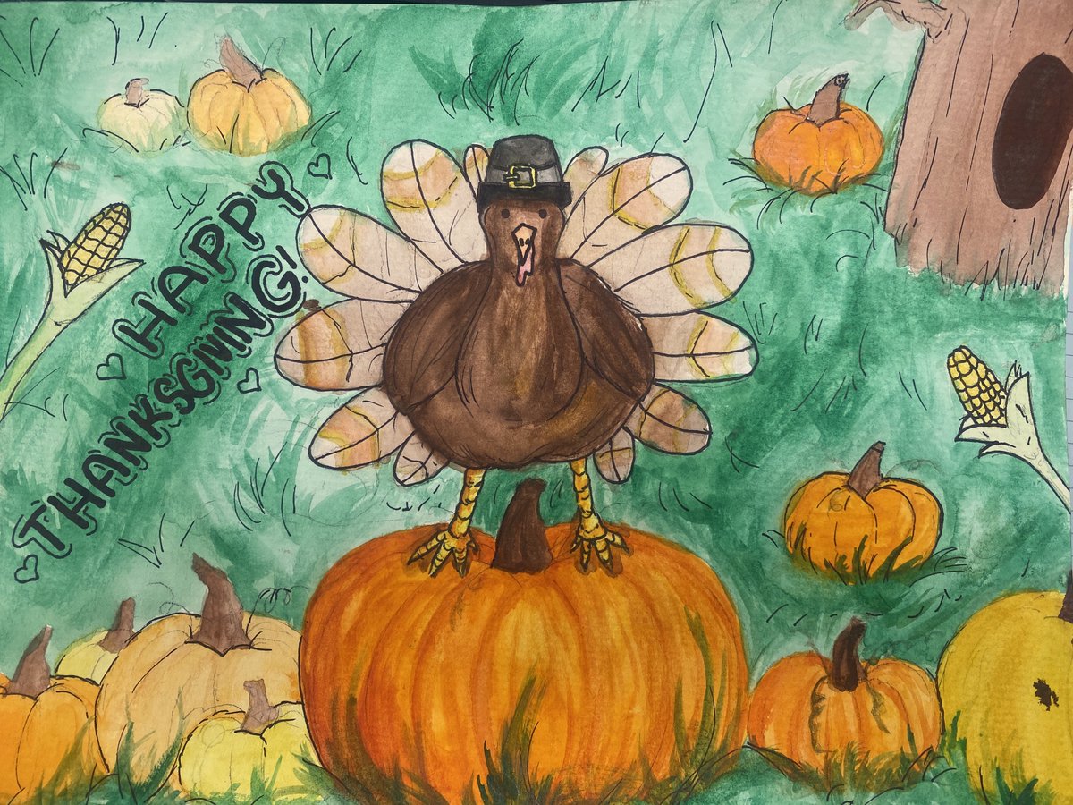 Watercolor illustration with pen &amp; ink-- by Olivia Guadalupe in Exploring Visual Design class. Happy Thanksgiving! <a href="/EFEAteaches/">EFEA</a> <a href="/EFWarriors/">Elizabeth Forward HS</a> #HappyThanksgiving #turkey #fall #artteacher #pumpkin #illustrationart
