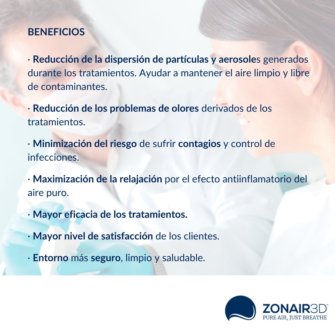 Las clínicas dentales son entornos propensos a la exposición de diferentes productos químicos, partículas y aerosoles generados durante los procedimientos.
Zonair3D recomienda el uso de purificadores de aire para ofrecer un entorno saludable y seguro.

#ClínicasDentales
#CAI