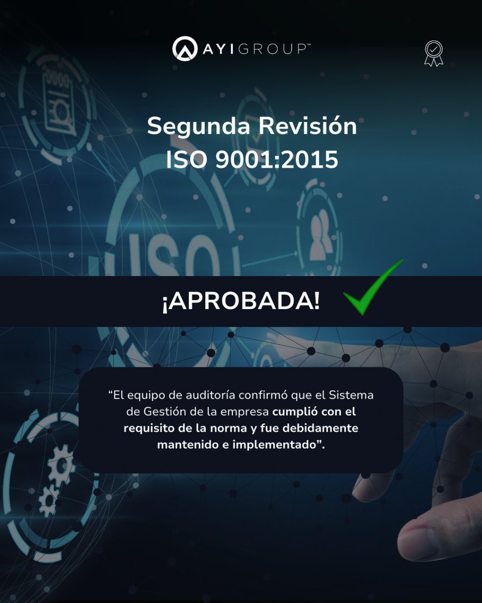 Estamos felices de compartir que en AYI GROUP hemos superado con éxito el segundo seguimiento de la norma ISO 9001:2015. 🏆💼