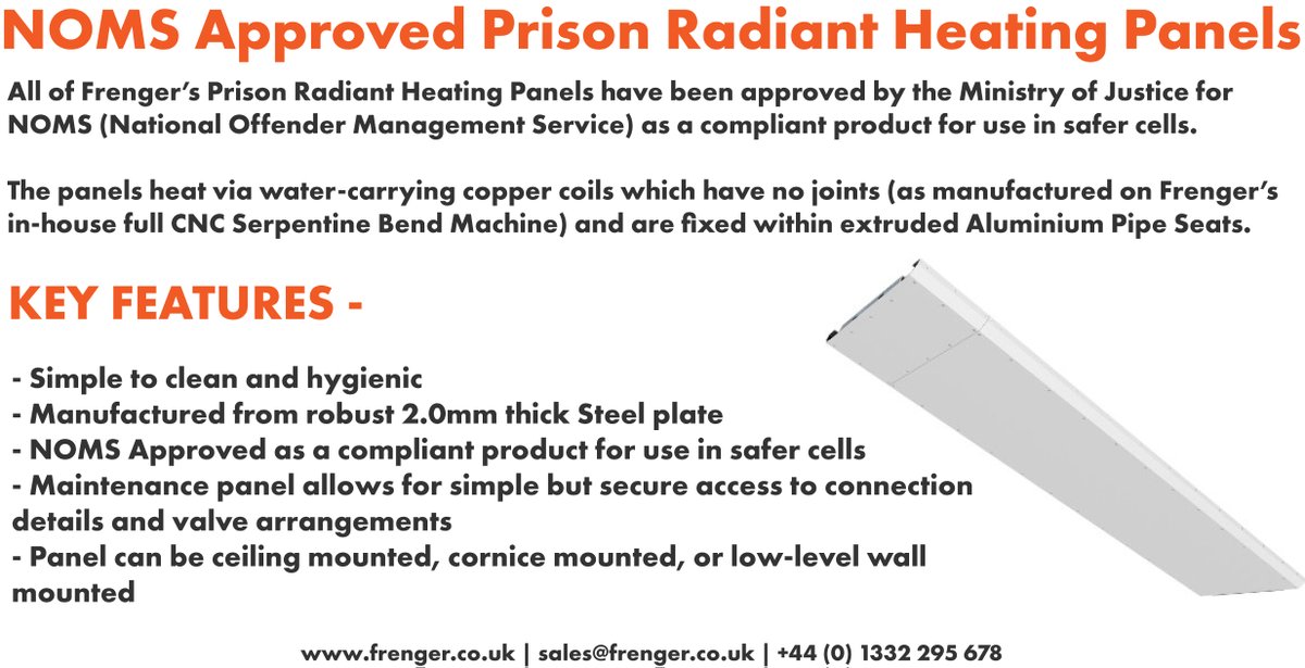 As part of their highly efficient #RadiantHeatingPanel range, Frenger offer their range of Prison Radiant Heating Panels for secure and high-security environments.

Learn more: frenger.co.uk/products/water…

#HVAC #RadiantPanels #Heating #HeatingSystem #EnergyEfficiency