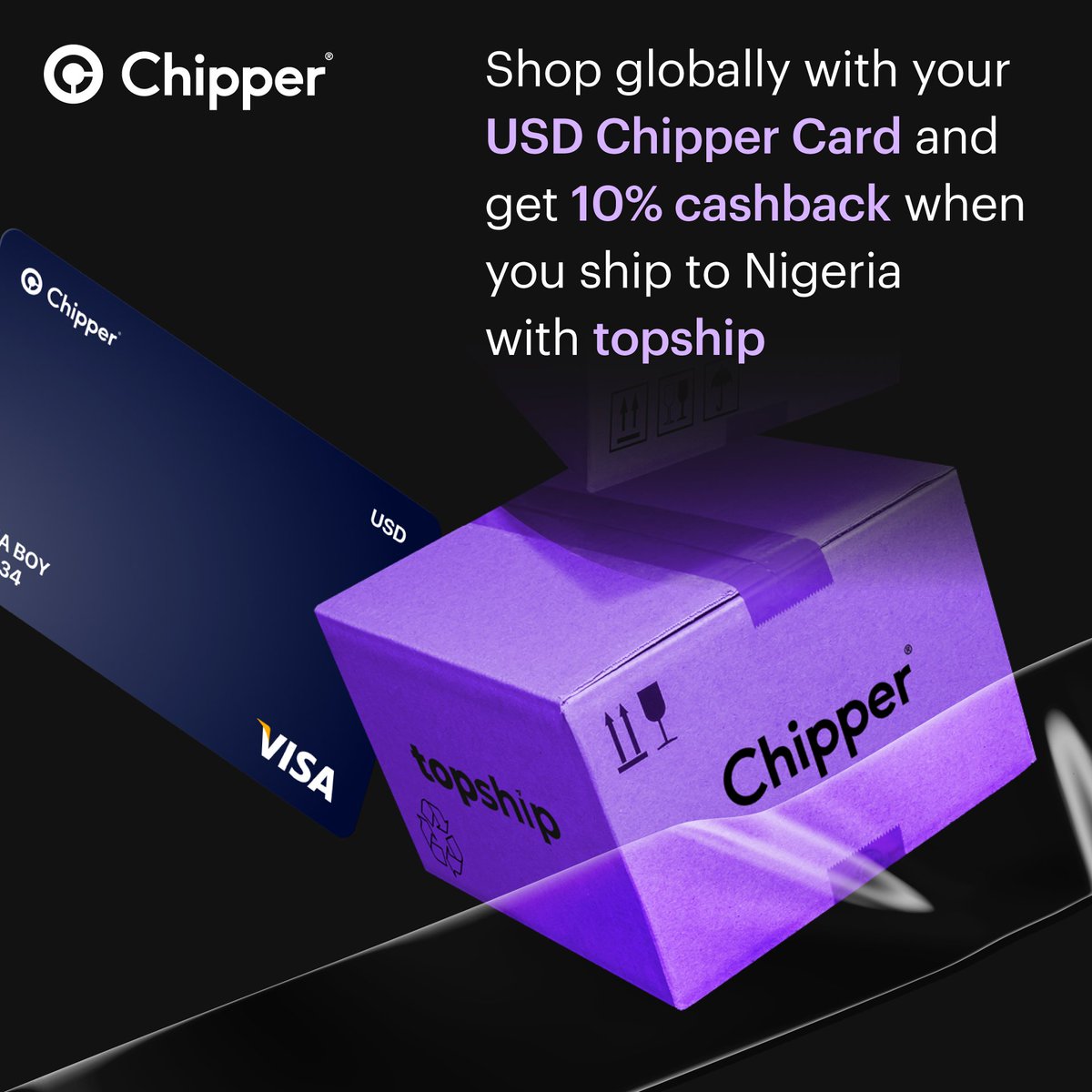 chippercashapp's tweet photo. Unlock global savings this Black Friday with #ChipperxTopship 
We've teamed up with @topshipafrica to bring you an exclusive deal. Use your USD Chipper Card to shop worldwide and enjoy a 10% cash-back on shipping costs when you ship to Nigeria with Topship. 🛍💳 
Don't miss out on this offer! 🌐
T&Cs apply. 
Click the link below for more details. 
https://t.co/VmoV2uPZAO

#ChipperxTopship #BlackFridayDeals #ChipperCash #PayGloballywithChipper #SheggzOlu