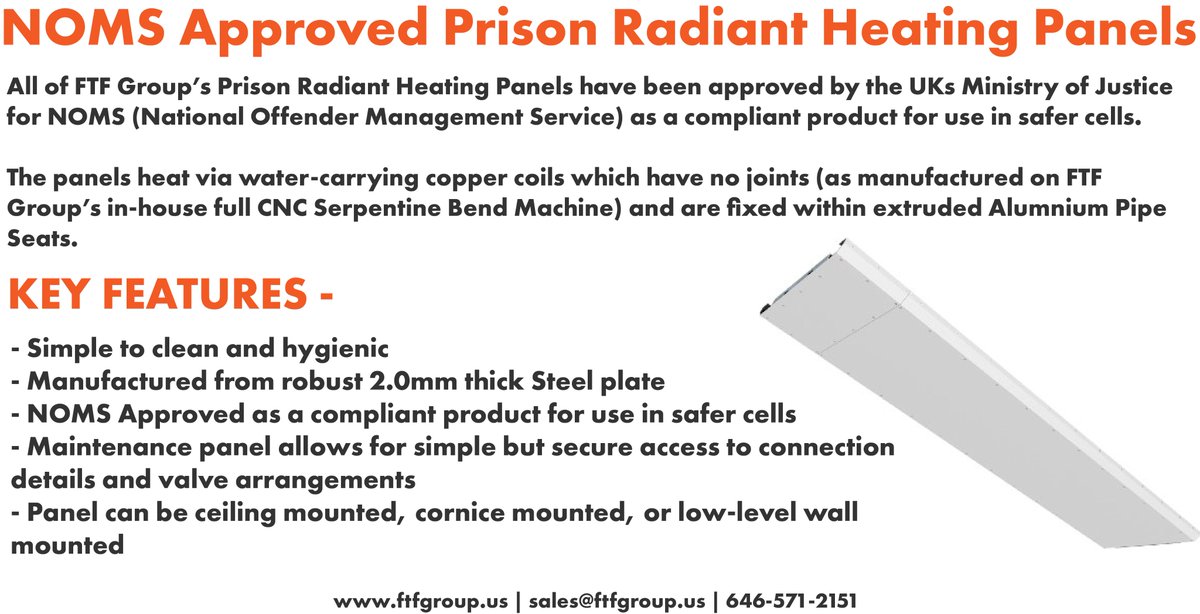 As part of their highly efficient #RadiantHeating Panel range, FTF Group Climate offer their range of Prison Radiant Heating Panels for secure and high-security environments.

Learn more: ftfgroup.us/products/water…

#HVAC #RadiantPanels #Heating #HeatingSystem #EnergyEfficiency