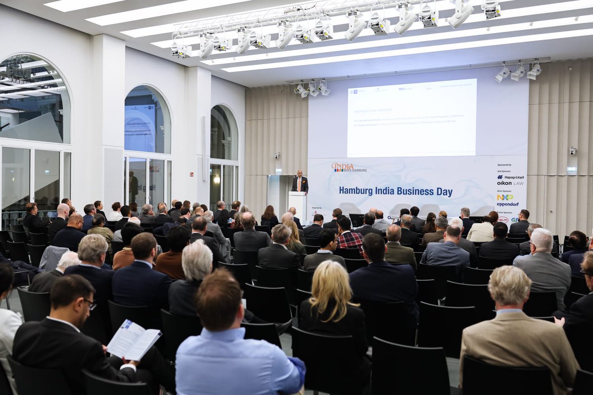 eoiberlin's tweet photo. #AmbHarishParvathaneni addressed the audience at the opening session of the Hamburg India Business Day @ #IndiaWeekHamburg2023 and emphasised the growing significance of 🇮🇳 in the global economy &amp; the huge potential for investment, innovation &amp; supply chain diversification. (1/3) https://t.co/BpGklYe07f