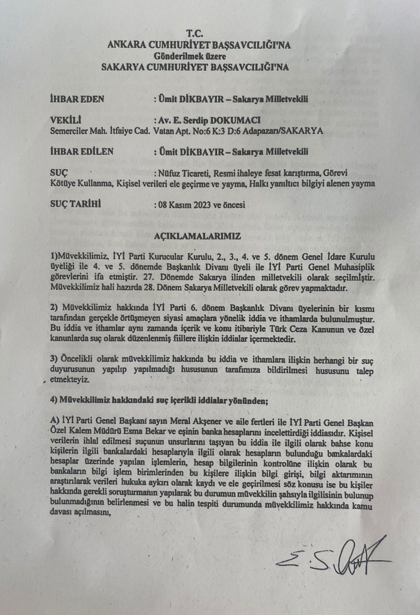 ismailsaymaz's tweet photo. İyi Parti Sakarya Milletvekili Ümit Dikbayır, Akşener’in banka hesaplarını inceletmek ve belediyelerle paralı ilişkilere girmek başta olmak üzere dört suçlamadan ötürü kendisi hakkında suç duyurusunda bulundu.
Ve dokunulmazlığının kaldırılması için TBMM’ye dilekçe verdi. https://t.co/6DQmhySEd0