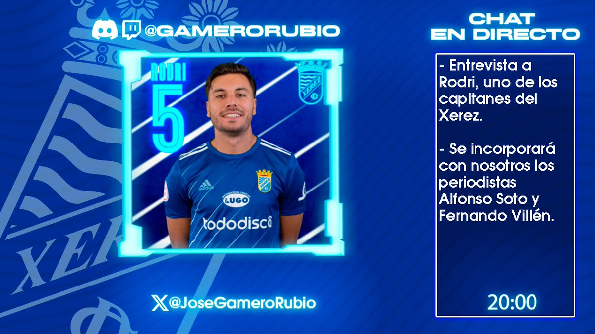 ‼️ Hoy en mi canal de Twitch, entrevistamos a <a href="/jlrodri96/">Jose Luis Rodríguez</a>, uno de los capitanes del <a href="/XerezCD_OFICIAL/">Xerez Club Deportivo</a>  

🗣️ <a href="/AlfonsoSotoCac/">Alfonso Soto</a> y <a href="/fernando_vv1/">Fernando Villén</a> se sumarán con nosotros.

🕗 20:00

💻 twitch.tv/gamerorubio

#Xerez