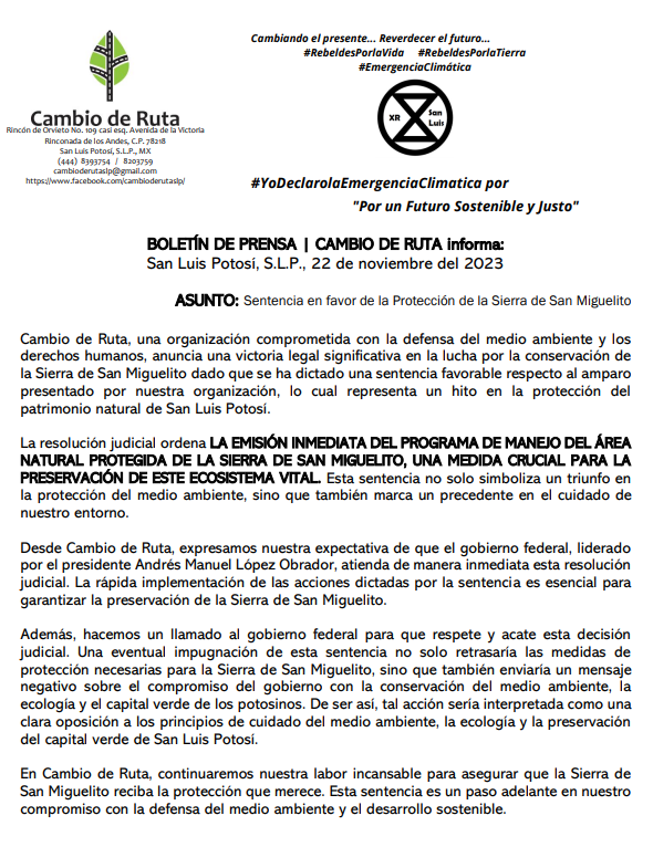 luisglozano's tweet photo. 🌿🏛️ Victoria legal para el medio ambiente: Cambio de Ruta logra sentencia favorable en la protección de la Sierra de San Miguelito. El juzgado ordena la implementación inmediata del programa de manejo del área natural protegida, marcando un hito en la conservación de nuestro patrimonio natural en San Luis Potosí. 🌱🌎

Instamos al gobierno de @lopezobrador_ a respetar esta decisión y evitar retrasos en la preservación de este ecosistema vital. Una impugnación sería un retroceso en nuestro compromiso ambiental. Pedimos al gobernador @RGC_Mx demuestre su congruencia, pidiendo al Gobierno Federal cumpla con la sentencia de forma puntual¡¡¡

Seguimos luchando por un desarrollo sostenible y el cuidado de nuestros recursos naturales. 💚🇲🇽 

#ProtecciónSierraSanMiguelito #MedioAmbiente #JusticiaAmbiental #CambiarelpresenteparaReverdecerelFuturo