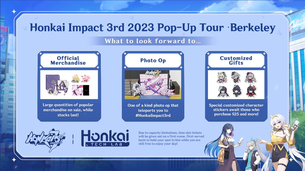 HonkaiImpact3rd's tweet image. Here we come! Our "TechLab" pop-up store will be hosted in Berkeley from Nov. 30 - Dec. 4,
10:00 AM to 8:00 PM!
Retweet this post with your server and ingame UID to enter a raffle with 15 winners to receive a Character Stand!
#HonkaiImpact3rd #TechLab #HonkaiImpact3rdTechlab