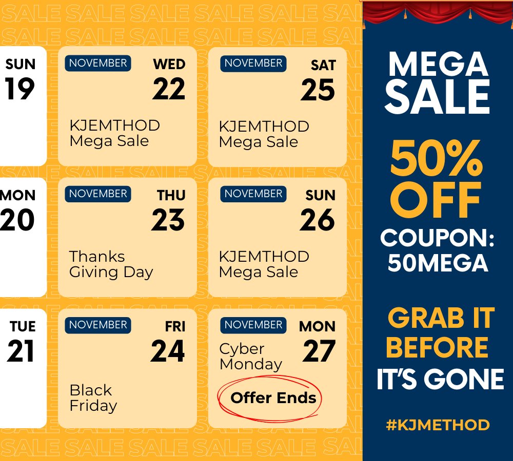 thekjmethod's tweet image. 🌟 Halfway Through Our Mega Sale! 50% OFF at KJMETHOD 🌟

Time is ticking, but there&apos;s still a chance!

Use code: 50MEGA to get 50% discount on the Platinum Plan. 

Don’t wait – elevate your learning with KJMETHOD today!
👩‍🎓 Enroll Now: kjmethod.com

#KJMETHOD #MegaSale