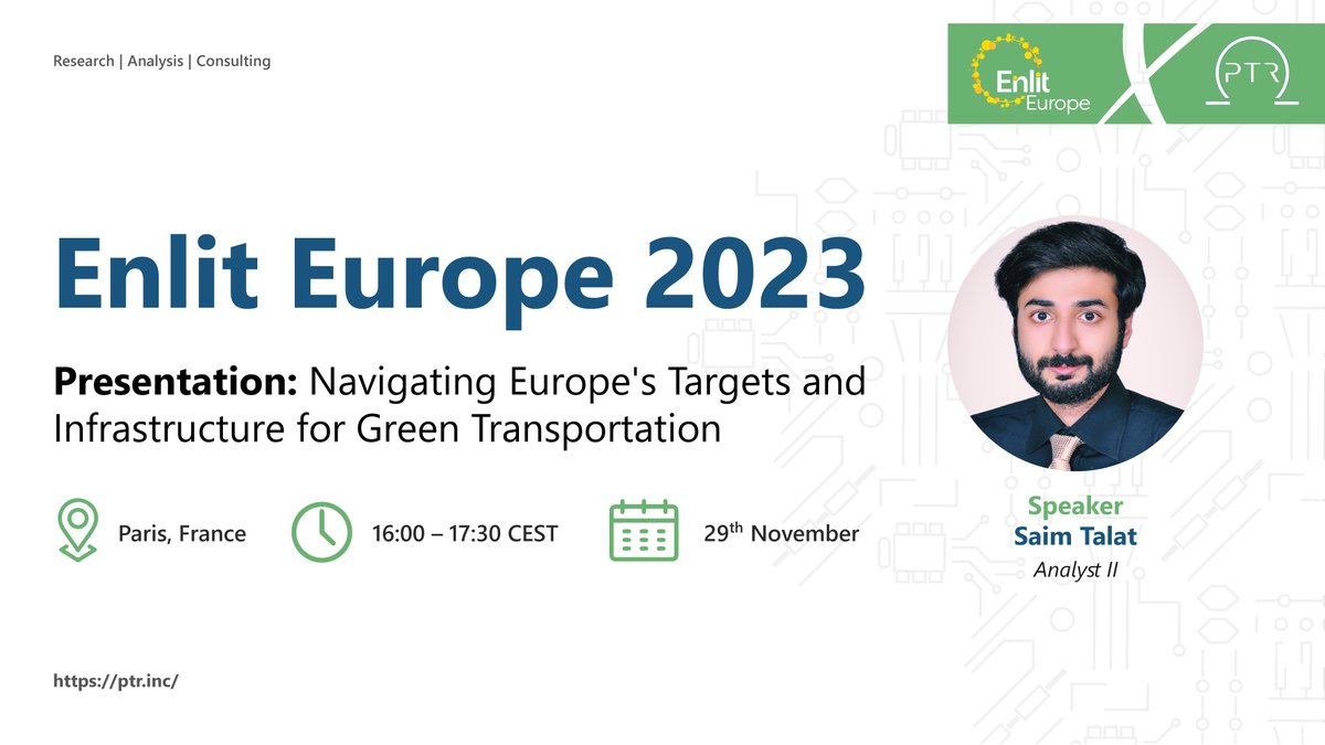 Join our expert analyst, Saim Talat, at Enlit Europe in #Paris as he presents #Europe's roadmap to achieving ambitious targets and building the infrastructure required to support a sustainable future of mobility. For more information: enlit-europe.com/speakers/saim-…
#PTR #EnlitEurope