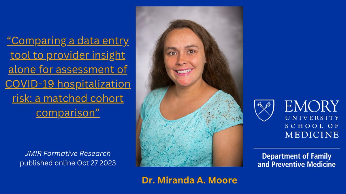 Emory Dept of Family & Preventive Medicine (@emoryfammed) on Twitter photo New #publication by <a href="/EmoryFamMed/">Emory Dept of Family & Preventive Medicine</a> faculty Dr. Miranda Moore assesses whether the COVID-19 Risk Tier Assessment Tool offers more accurate risk tier assignments than medical provider insights alone. <a href="/EmoryMedicine/">Emory School of Medicine</a> #MedEd #COVID
pubmed.ncbi.nlm.nih.gov/37903299/ New #publication by <a href="/EmoryFamMed/">Emory Dept of Family & Preventive Medicine</a> faculty Dr. Miranda Moore assesses whether the COVID-19 Risk Tier Assessment Tool offers more accurate risk tier assignments than medical provider insights alone. <a href="/EmoryMedicine/">Emory School of Medicine</a> #MedEd #COVID
pubmed.ncbi.nlm.nih.gov/37903299/