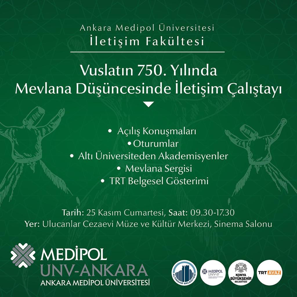 altindagbel's tweet photo. Vuslatın 750. yılında Mevlana Düşüncesinde İletişim Çalıştayı'na tüm hemşehrilerimiz davetlidir. 

🗓️ 25 Kasım - Cumartesi 
⏰09.30-17.30 
📍Ulucanlar Cezaevi Müze ve Kültür Merkezi / Sinema Salonu https://t.co/8ZgCwTm6Ax
