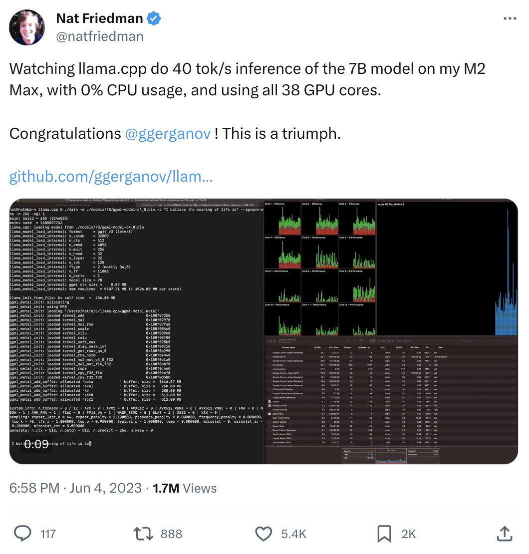 Karmedge's tweet image. People are just starting to realize the power of Local LLMs
Especially with new Apple chips. It's a game-changer
Let me show you:
Falcon is 180B LLM. It is the size of GPT3.
How fast would it run on your Mac?
Apple M3 Max: 3.5 tokens/sec
We can compare it to 2 x A100 (2 x…