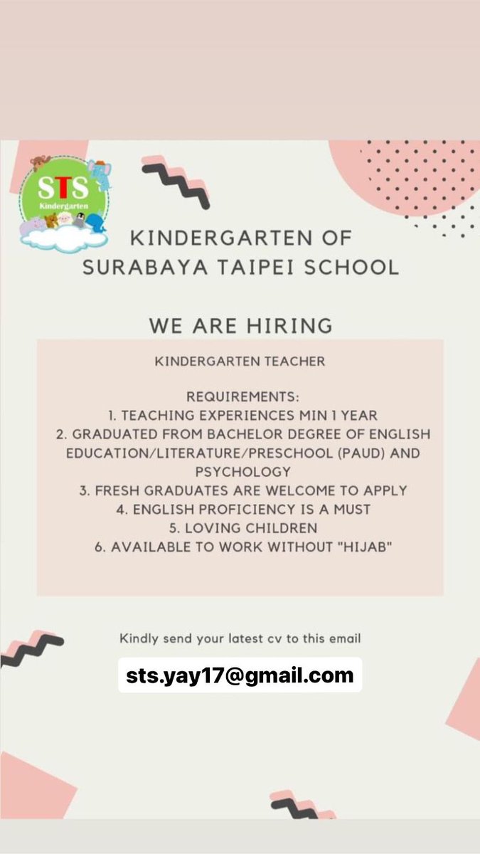 ccindy_cha's tweet photo. Loker mengajar TK di Surabaya Taipei School, dengan kriteria:
1. Minimal pengalaman mengajar di sekolah 1 tahun
2. Jurusan S1 sastra/pendidikan bahasa inggris, psycology, PG PAUD, PG TK

Kirim lamaran dan data diri ke email:
Sts.yay17@gmail.com https://t.co/xguNCrxmN2