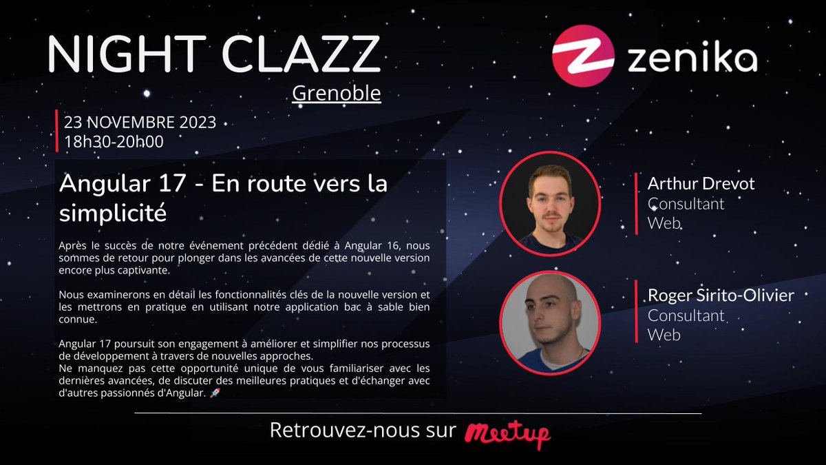 🚀 Rejoignez-nous demain dès 18h30 pour un Meetup sur <a href="/angular/">Angular</a> 17 ! 🚀

Au programme :
✨ Présentation des nouvelles fonctionnalités d'Angular 17
✨ Sessions de codage en direct
✨ Questions-réponses
✨ Apéro ! 🍻

📌 Inscrivez-vous ici : lnkd.in/eDK5J5QH

<a href="/ZenikaIT/">Zenika</a>