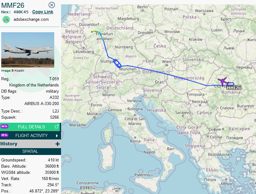 SirListenalot's tweet photo. MMU #A332 #480C45 #MMF26 seems to have picked up some #EUFI Eurofighter #GAFB31 (also B23?) and dropped them over Romania. Is GAFB replacing GAFK? 🤔 https://t.co/SwUjWuOUtb