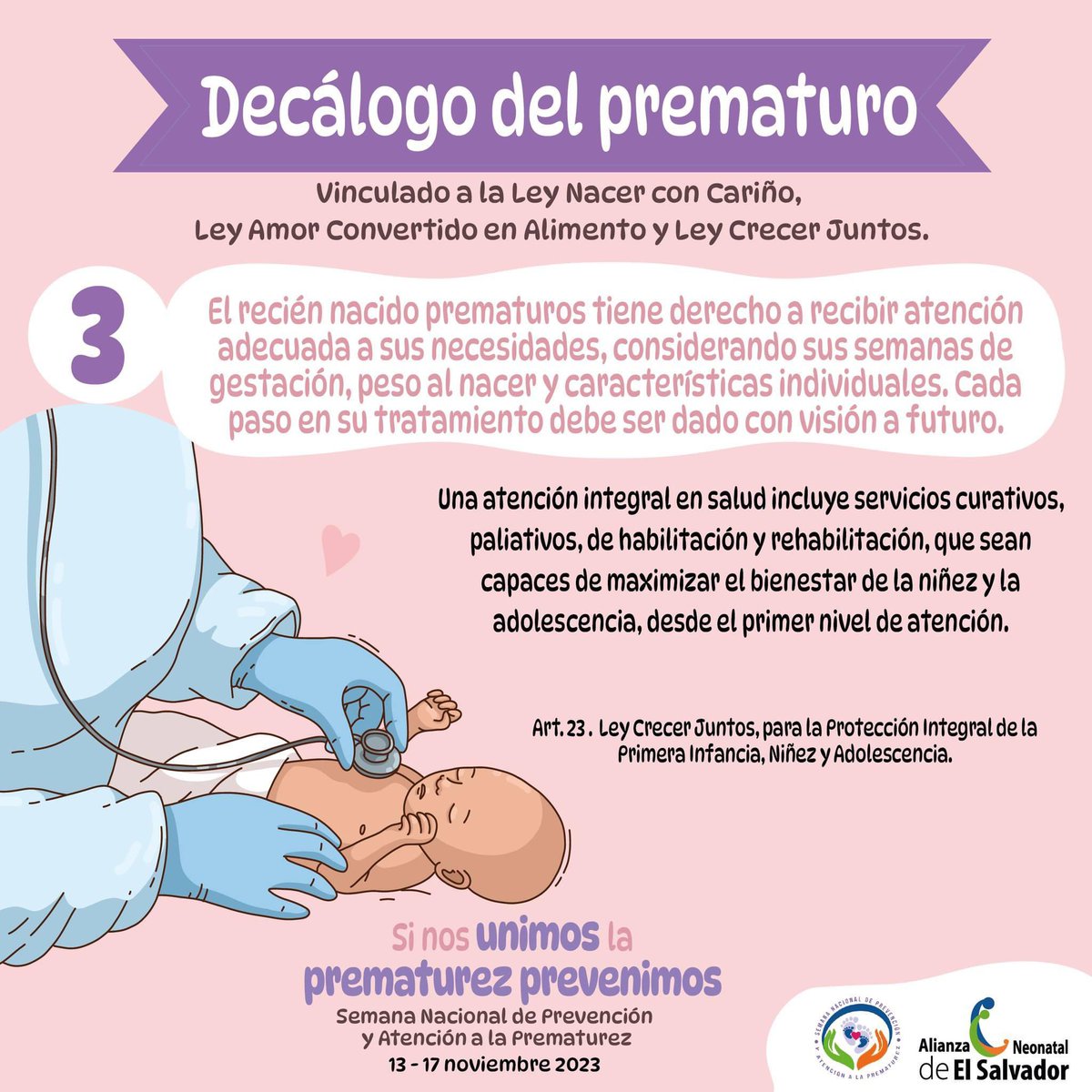 AlianzaNeonatal's tweet photo. Decálogo del prematuro
Derecho 3 "El recién nacido prematuro tiene derecho a recibir atención adecuada a sus necesidades, considerando sus semanas de gestación, peso al nacer y características individuales. Cada paso en su tratamiento debe ser dado con visión a futuro” https://t.co/bD3LIZ5zHp