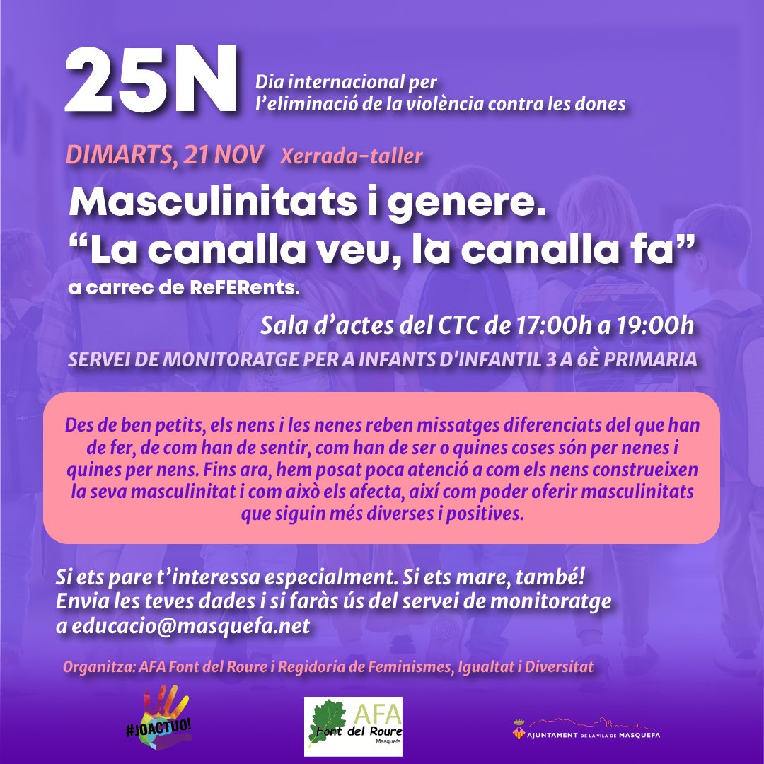 fontdelroure's tweet photo. "...Fins ara, hem posat poca atenció a com els nens
construeixen la seva masculinitat i com
això els afecta, així com poder oferir
masculinitats que siguin més diverses i
positives." #JoActuo #reFERents https://t.co/4WVENKrRpC