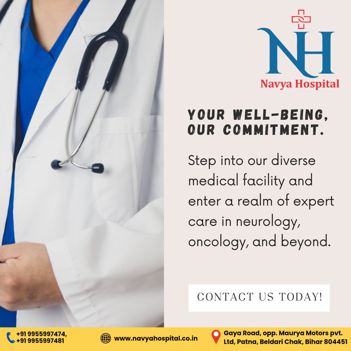 Follow us @navyacares

#YourWellBeing #OurCommitment #ExpertCare #MedicalFacility #NeurologyCare #OncologyExperts #BeyondHealth #HealthcareExcellence #SpecializedCare #MedicalExpertise #navyahospital #health #emergency #patna #EmergencyCare #Healthcare #hospitals