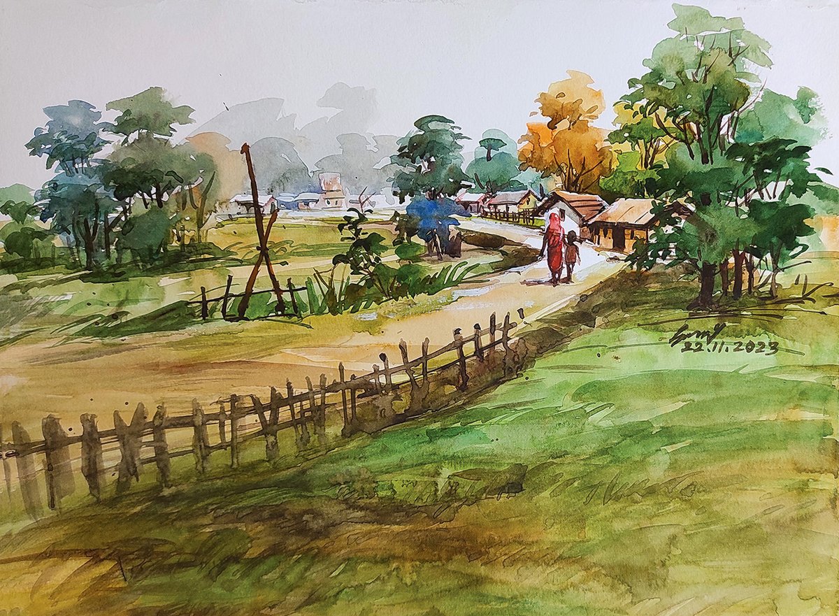 SunilPothik's tweet photo. Title: 'To the village' “গাঁয়ের পথে”
Media: Watercolor on paper, Date: 22.11.2023
#drawing #watercolor #watercolorart #watercolorpainting #watercolorlandscape #art #painting #landscaping #landscapeart #landscape #scenerydrawing #fineart #artwork #illustration https://t.co/NhSaG29hpZ