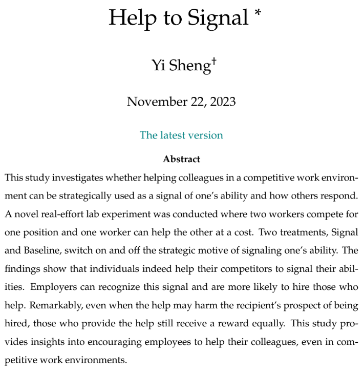 Do individuals help competitors in the workplace strategically? In my #JMP, I use a real-effort lab experiment to identify the signaling motive of helping. 
*Main findings: They DO and the signal can be recognized!
 #EconJobMarket #EconTwitter
Learn more: sites.google.com/tilburgunivers…