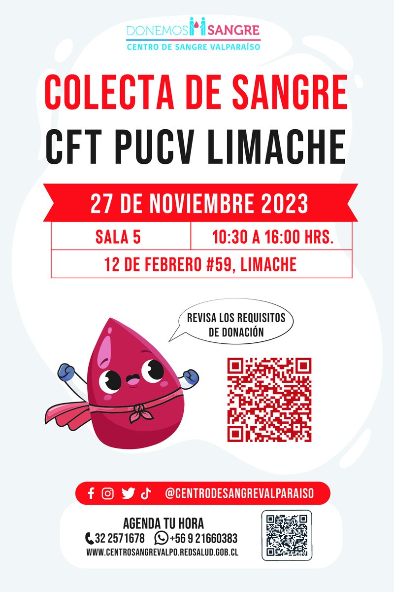 CentrodesangreV's tweet photo. Colecta de sangre 🩸 @cftpucv Limache este lunes 27 de noviembre.
Agenda tu hora al llamando al ☎️32-2571678 o Whatsapp 📱 +56 9 21660383
#Limache #Donasangre #Colectadesangre #CFTPUCV https://t.co/juxO5spQQh