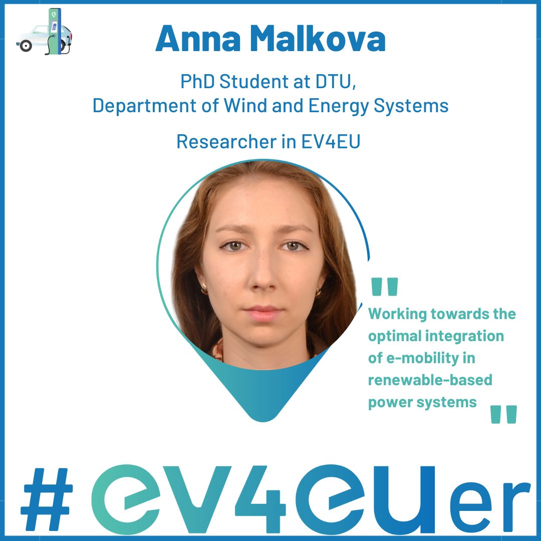 Meet the @ev4eu_eu Team!  
Today we introduce Anna Malkova, a #EV4EUer Researcher at @DtuWind, Denmark. 

 #team #electricvehicles #emobility #energy #project #researcher #innovation #sustainability #v2x #EV4EU #horizoneurope #Denmark