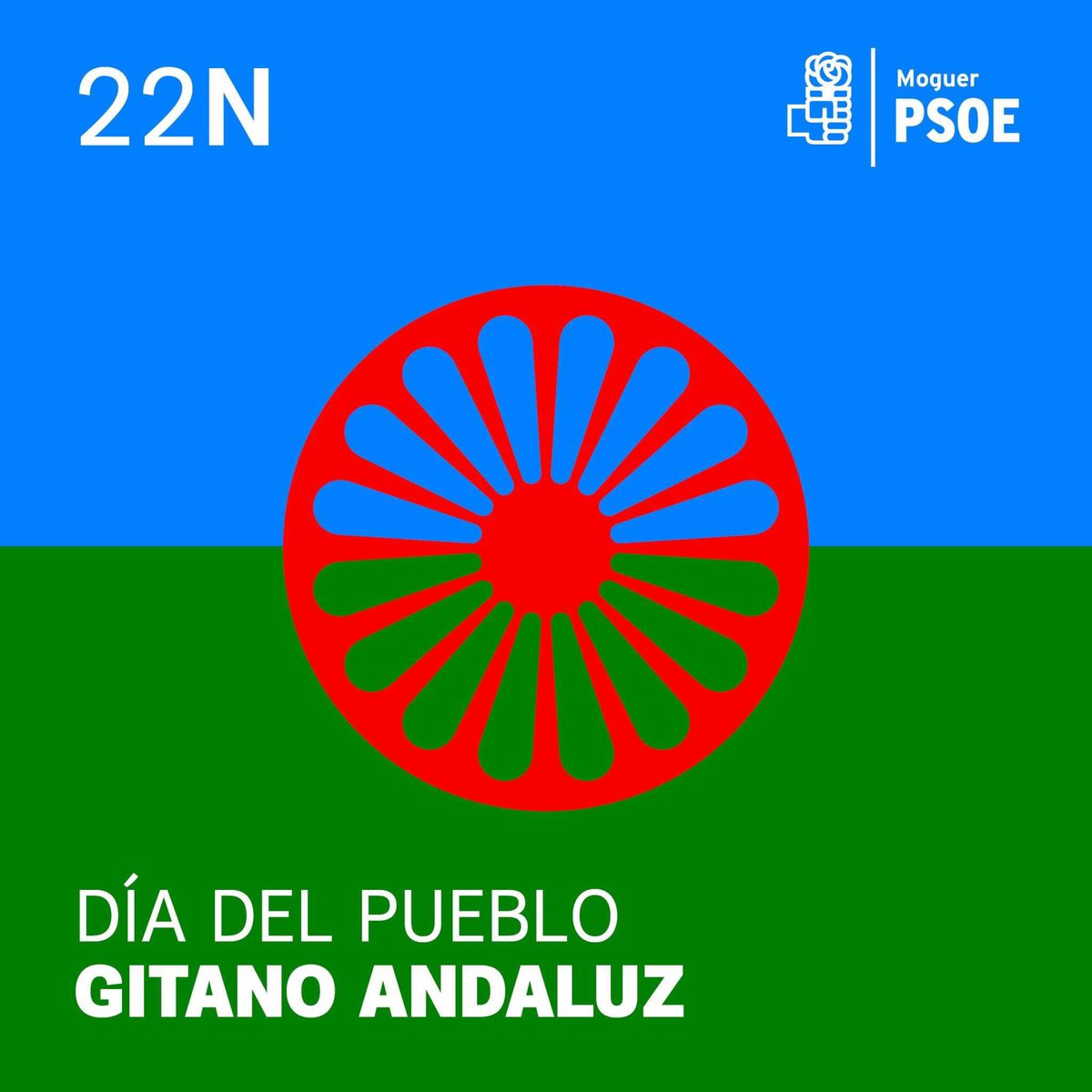 psoemoguer's tweet photo. 💙💚❤️ Hoy, 22 de noviembre, celebramos el Día del Pueblo Gitano Andaluz, una fecha que reconoce la historia, la cultura y la contribución de los gitanos y gitanas a nuestra tierra desde su llegada en 1462. 

💪🏼 ¡Feliz Día del Pueblo Gitano Andaluz! https://t.co/tF3Zw0CIds
