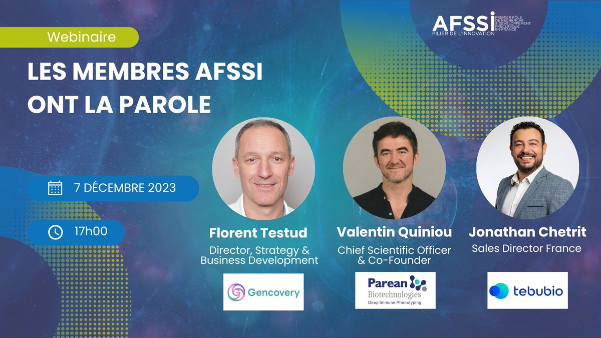 AFSSI_sante's tweet image. 🔔 J-15 webinaire membres AFSSI 🔔
Rencontrez nos membres Gencovery, Parean Biotechnologies et Tebubio lors du prochain webianire

👇N&apos;hésitez pas à vous inscrire et à les découvrir ! 👇

📅 7 décembre à 17h
✅Webinaire gratuit 
📋Inscription : bit.ly/3s6T2AA